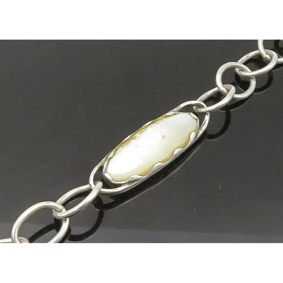 CAROLYN POLLACK 925 Silver Vintage Mother Of Pearl Chain Necklace NE3576